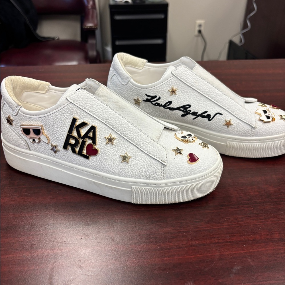 Karl Lagerfeld White Embellished Slip-On Sneakers